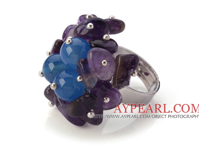 Beau modèle de cluster main multi améthyste Chips And Round facettes agate bleue Bague réglable en métal