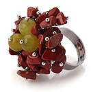 Lovely Handmade Cluster Style Multi Red Chips Stone And Round Yellow Candy Jade Adjustable Metal Ring