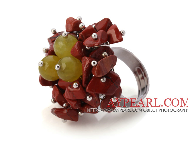 Lovely Handmade Cluster Style Multi Red Chips Stone And Round Yellow Candy Jade Adjustable Metal Ring