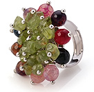 Lovely Handmade Cluster Style Multi Round Agate And Green Olive Chips Adjustable Metal Ring