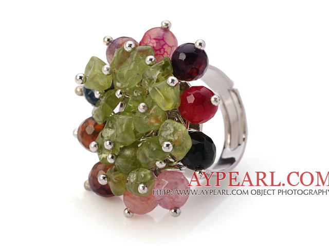 Lovely Handmade Cluster Style Multi Round Agate And Green Olive Chips Adjustable Metal Ring