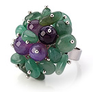 Lovely Handmade Cluster Style Aventurine And Round Purple Agate Adjustable Metal Ring