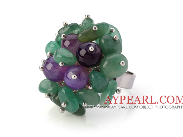 Lovely Handmade Cluster Style Aventurine And Round Purple Agate Adjustable Metal Ring