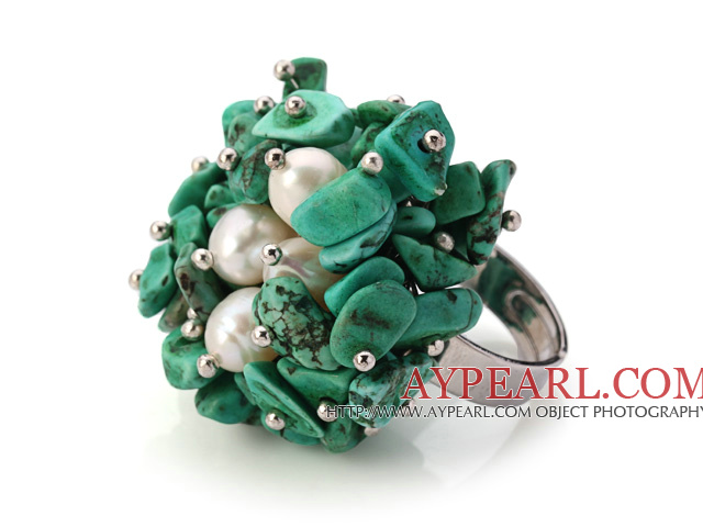 Lovely Käsintehdyt Cluster Style Green Turkoosi Chips And White Pearl Säädettävä Metal Ring