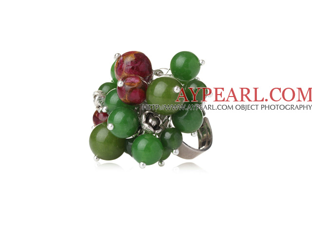 Summer Lovely Style Round Green Jade and Glaze Beads Adjustable Ring