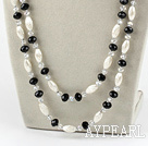 Long Style White And Black Crystal And White Rice Shape Acrylic Pearl Necklace