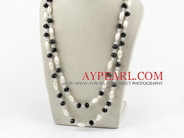 Long Style White And Black Crystal And White Rice Shape Acrylic Pearl Necklace