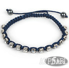 5 Pieces Blue Black Color Thread and White Square Shape Rhinestone and Hematite Woven Adjustable Drawstring Bracelets