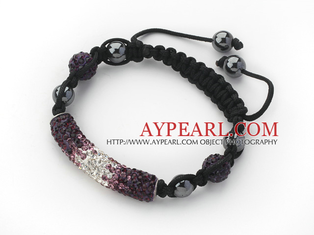 Dark Purple and White Gradual Change Color Tube Shape Rhinestone Adjustable Drawstring Bracelet