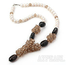 Elegant White Freshwater Pearl And Cluster Smoky Quartz Pendant Necklace