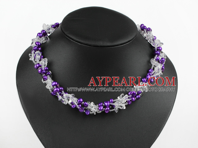 Long Style Amethyst Freshwater Pearl And White Crystal Strand Necklace, Sweater Necklace