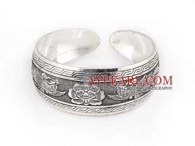 Fashion Style Carved Peony Pattern Bold Adjustable Metal Bangle Bracelet