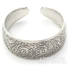 Simple Design Carved Flower Bold Adjustable Metal Bangle Bracelet