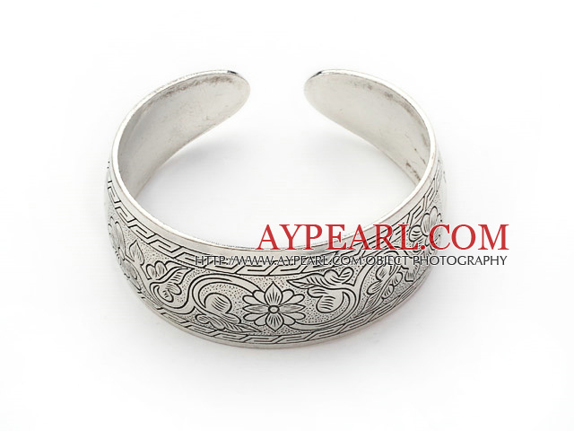 Simple Design Carved Flower Bold Adjustable Metal Bangle Bracelet