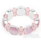 Fashion Style Pink Color Cats Eye and Pink Crystal Stretch Bangle Bracelet