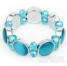 Fashion Style Lake Blue Color Cats Eye and Blue Crystal Stretch Bangle Bracelet