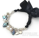 New Design Cross Shape Pearl Bracelet with Metal Chain and Black Ribbon