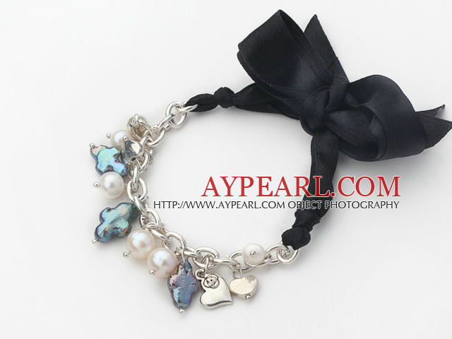 New Design Cross Shape Pearl Bracelet with Metal Chain and Black Ribbon