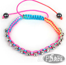 5 Pieces Multi Color Thread and White Square Shape Rhinestone and Hematite Woven Adjustable Drawstring Bracelets