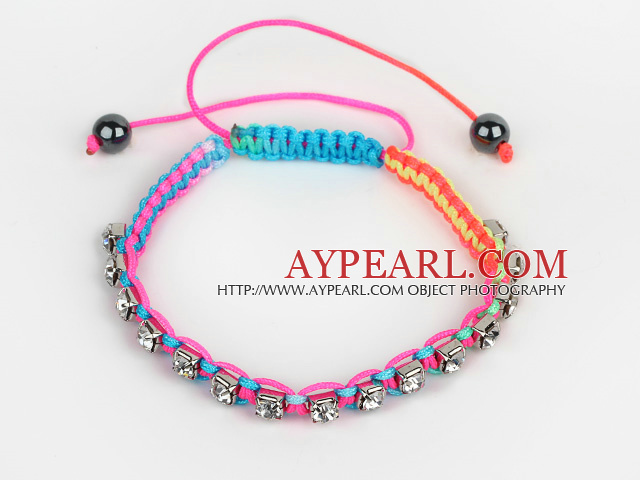 5 Pieces Multi Color Thread and White Square Shape Rhinestone and Hematite Woven Adjustable Drawstring Bracelets