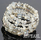 Fashion Multilayer Natural White Freshwater Pearl And White Crystal Wired Wrap Charm Bangle Bracelet