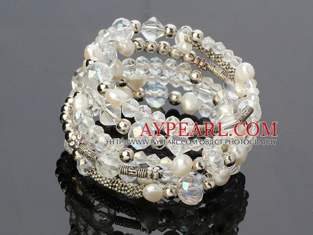 Fashion Multilayer Natural White Freshwater Pearl And White Crystal Wired Wrap Charm Bangle Bracelet