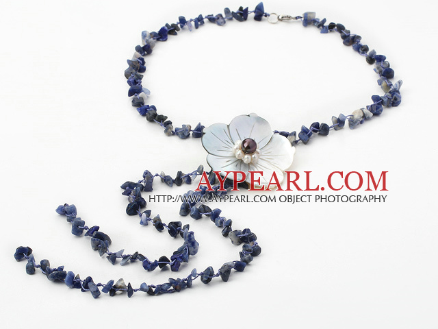 hot lapis chips and shell flower necklace