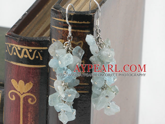 Fashion Sapphire Blue Chipped Aquamarine Link Dangle Earrings With Fish Hook
