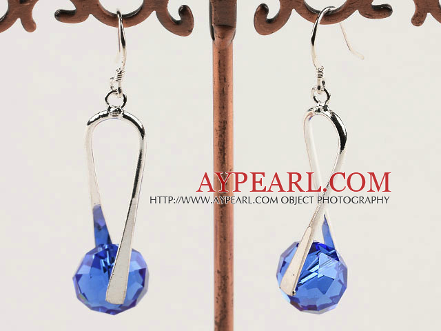 Lovely Round Faceted Blue Crystal And Loop Metal Dangle Earrings With Fish Hook