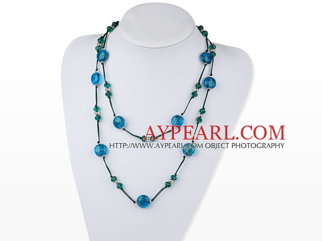long style 47.2 inches blue colored glaze and crystal necklace