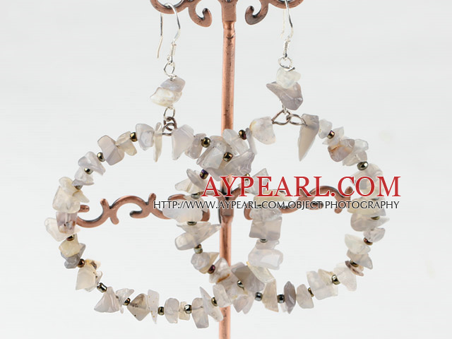 Large Diameter Loops Chipped Grey Agate Hoop Earrings With Fish Hook