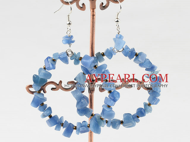 Elegant Large Diameter Looped Blue Ore Chips Stone Dangle Earrings With Fish Hook