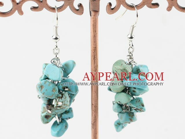 Lovely Cluster Style Blue And Green Turquoise Chips Dangle Earrings With Fish Hook