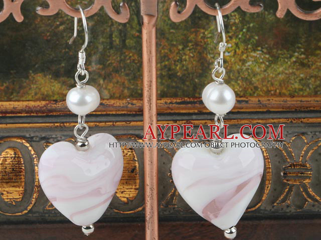 white pearl and heart colored glaze earrings