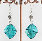 Lovely Sea Blue Colored Glaze And Flower Charm Dangle Earrings With Fish Hook