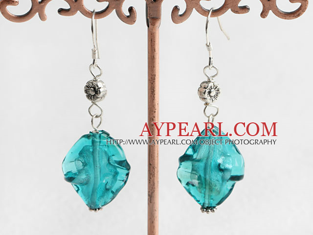 Lovely Sea Blue Colored Glaze And Flower Charm Dangle Earrings With Fish Hook
