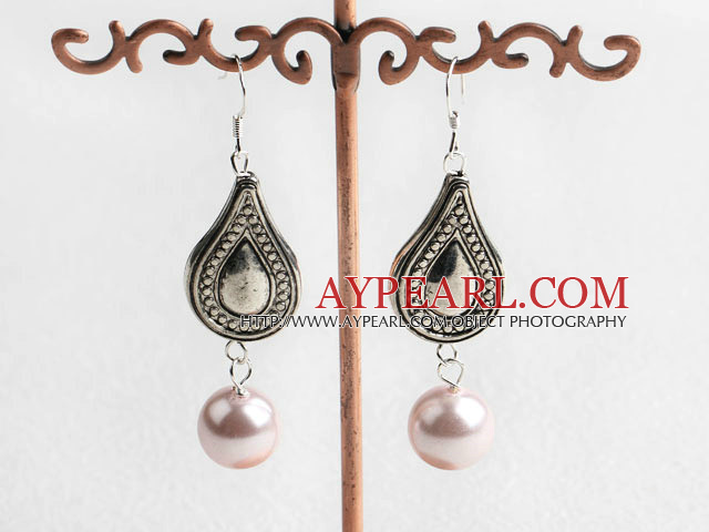 Lovely 12Mm Round Pink Shell Beads And Teardrop Metal Charm Earrings With Fish Hook