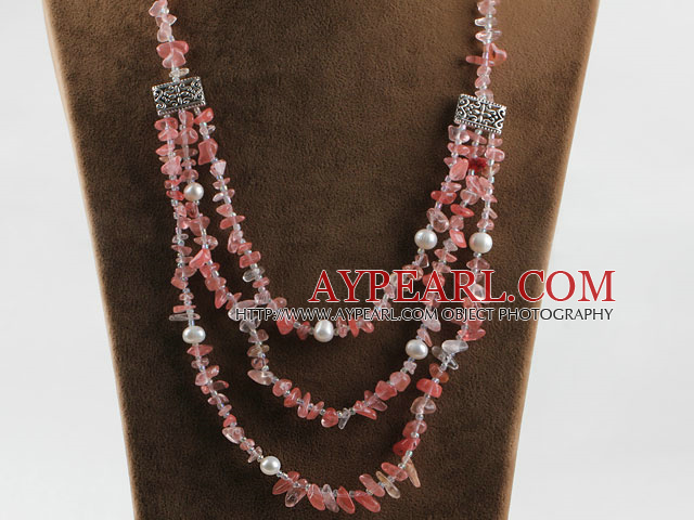 multi strand white pearl cherry quartze necklace 