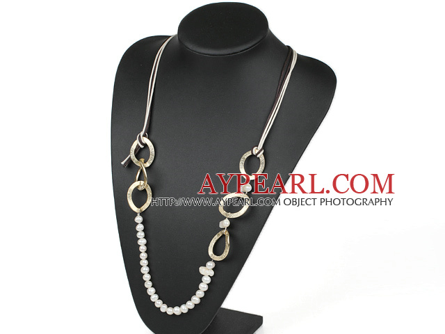 hot style 8-9mm white pearl and gold color loop necklace