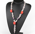 Y shape pearl rose quartze amethyst flower necklace