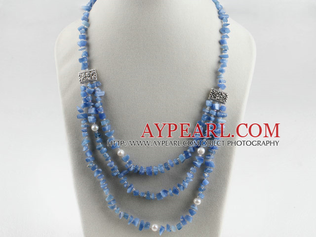 19.7 inches exquisite white pearl blue gemstone chips necklace