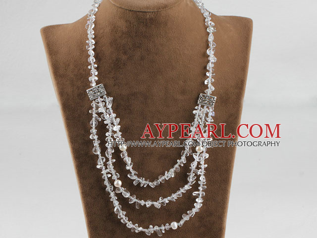 hot style white pearl clear crystal chips necklace