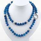 Long Style A Style 10mm Round Blue Agate Beaded Necklace with White Rhinestone Beads
