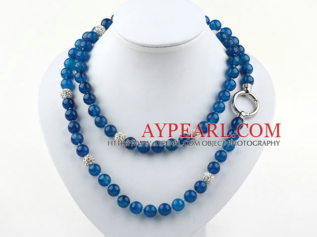 Long Style A Style 10mm Round Blue Agate Beaded Necklace with White Rhinestone Beads