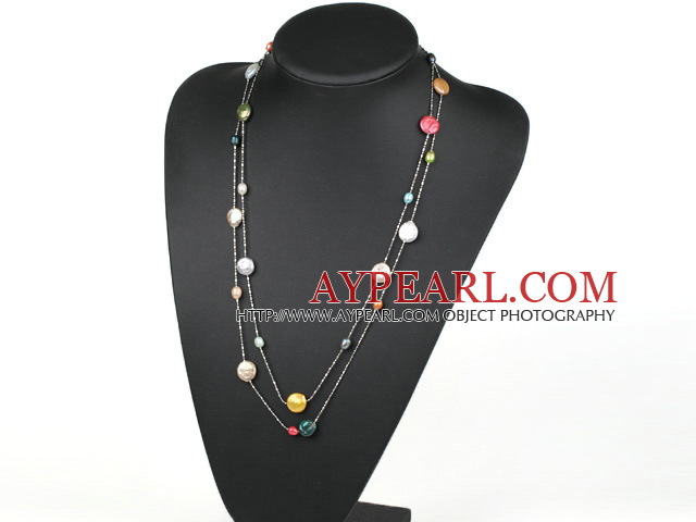 Long Style Assorted Multi Color Coin Pearl Necklace with Metal Chain