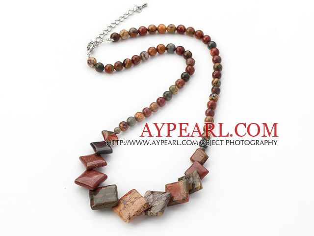 Assorted Round and Rhombus Shape Picture Jasper Necklace with Extendable Chain