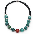 Green Series Round Fire Agate and Carnelian Leather Necklace with Magnetic Clasp