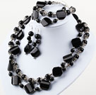 Double Strand Black Agate and Black Crystal Set (Necklace Bracelet and Matched Earrings)