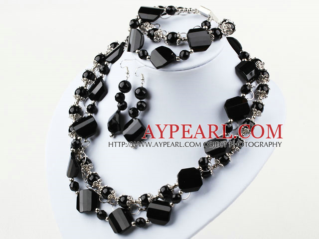 Double Strand Black Agate and Black Crystal Set (Necklace Bracelet and Matched Earrings)