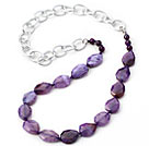 Purple Color Burst Pattern Crystallized Agate Knotted Necklace with Silver Color Metal Chain ( The Chain Can Be Deducted )